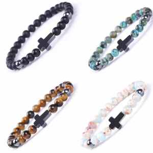 Men Jesus Cross Bracelet 6mm Hematite Natural Africa Stone Bead Balance Bracelet - Picture 1 of 19