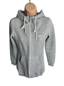 Womens Adidas Originals Grey Long Hoodie Size XS UK 6 Trefoil Logo Jumper Jacket - Picture 1 of 10