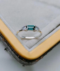 Teal sapphire ring sterling silver ring octagon cut Teal sapphire ring sapphire - Picture 1 of 12