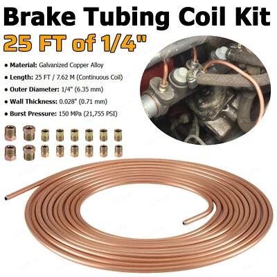 Copper Nickel Brake Line Tubing Kit 1/4" OD 25 FT Coil Roll All Size Fitting USA - Изображение 1 из 4