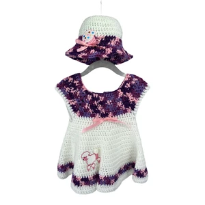 Hecho a mano Girl12-24 Mes Vestido y Sombrero Quadcolor Púrpura y Blanco Caniche y Cupcake - Imagen 1 de 12