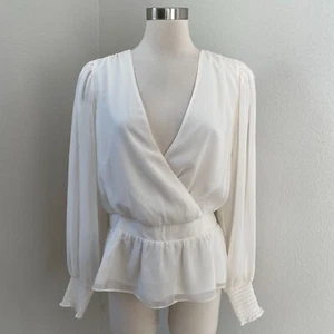 NEW $54 Express Womens Ivory Wrap Blouse Top Long Sleeve Shirt - Picture 1 of 11
