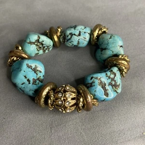 VINTAGE TURQUOISE CHUNKY NUGGET TENNIS BRACELET Boho Southwestern Look - Picture 1 of 4