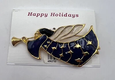 Broche de moda para damas de vacaciones estrellas azules doradas trompeta tocando ángel cuerno Foto 1 de 4