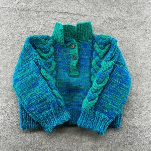 VTG Sweater Girls S? Blue Green Quarter Button Hand Knit Pullover Sweatshirt 90s - Picture 1 of 7