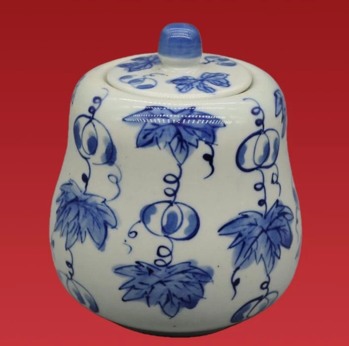 Jarro de cabaça chinês antigo azul e branco marca Qianlong porcelana com tampa - Imagem 1 de 4