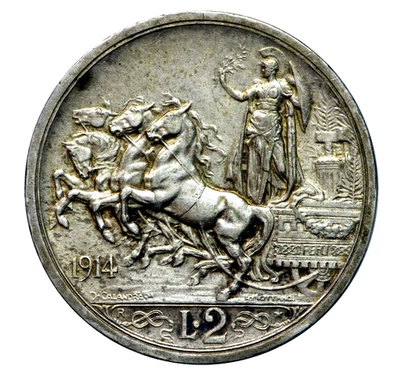 Italy 2 lire 1914 Lively Quadriga Kingdom VE III Silver Fantastic patina VF/XF - Image 1 of 2