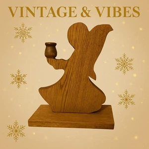 Vintage Wooden Angel Candleholder • Rustic Carved Silhouette Christmas Decor - Picture 1 of 10