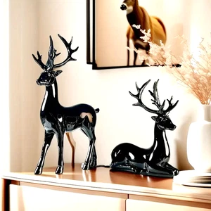 Paar Schwarze Hirschstatuen, Stehend-Sitzend, Weihnachtsdekoration, Büro - Bild 1 von 8