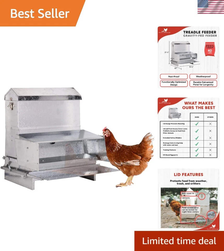 Alimentador de pedal de metal de 40 lb - Solución resistente a la intemperie para amantes de pollos y aves de corral Foto 1 de 4