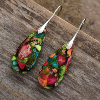 Natural Imperial Jasper Stone Teardrop dangle Earrings Gemstone Drop Earrings^ - Image 1 of 4