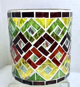 Mosaic Squares Stained Glass Red Green & Yellow Glass Vase CandleHolder - Picture 1 of 4