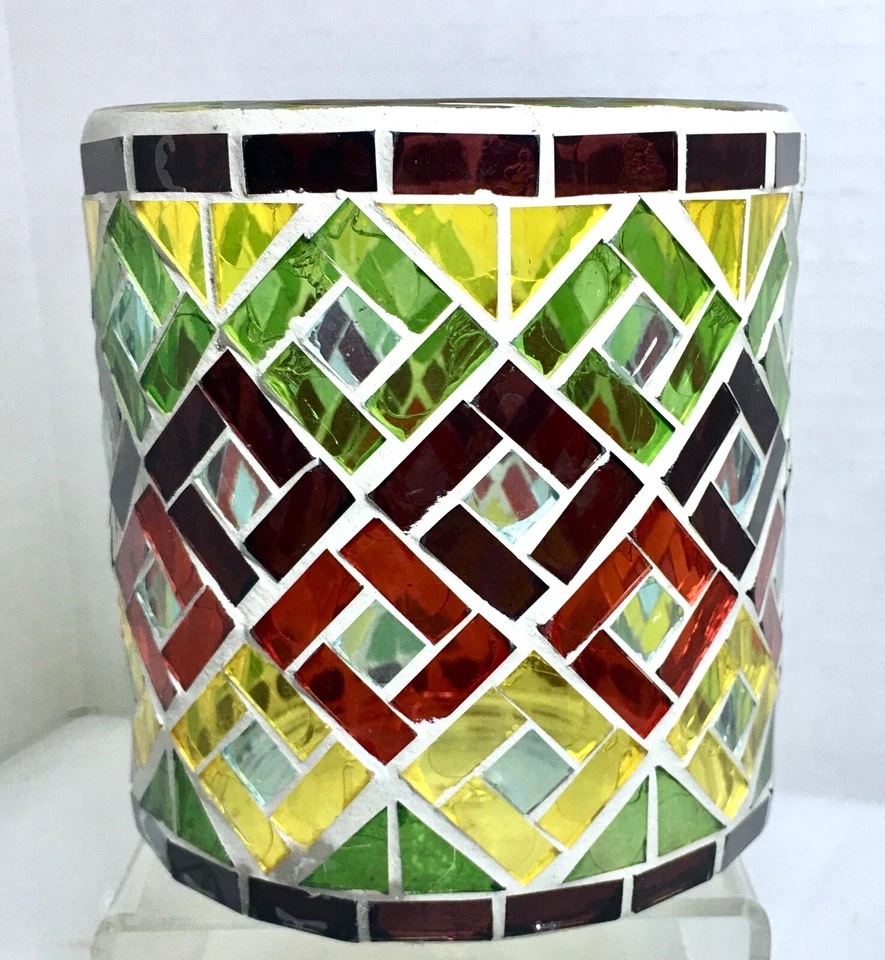 Mosaic Squares Stained Glass Red Green & Yellow Glass Vase CandleHolder - Image 1 of 4