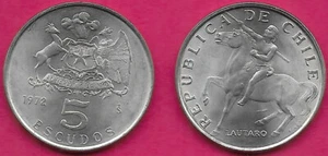 CHILE 5 ESCUDOS 1972 UNC COPPER NICKEL,LAUTARO,ARAUCANIAN INDIAN,UPRISER AGAINST - Picture 1 of 1