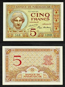 Madagascar 5 franchi ND (1937) Dea Giunone Pick-35 AU-UNC - Foto 1 di 1
