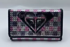 Y2K VINTAGE ROXY BLACK & PINK SEQUIN TRIFOLD WALLET w Black Roxy Logo - GUC! - Picture 1 of 13