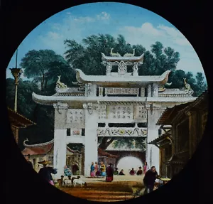 THE GREAT GATE OF AMOY CHINA C1890 LINTERNA MÁGICA TEÑIDA ANTIGUA tobogán - Imagen 1 de 3