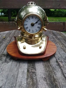 Brass Divers Clock Diving Helmet  Maritime With Wooden Base Vintage. - Picture 1 of 12