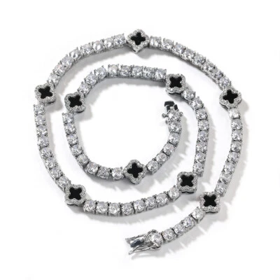 Brazalete cadena tenis trébol de cuatro hojas circonita helada hombres mujeres chapado en oro blanco Foto 1 de 4