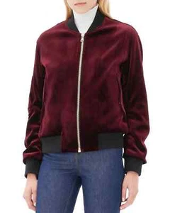 Sandro Paris Ventura Velvet Burgundy Zip Through Bomber Jacket, Size 1 BNWOT - Picture 1 of 12
