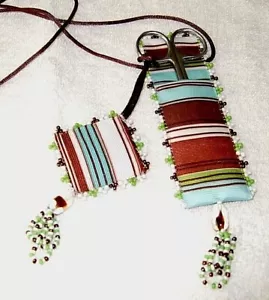 Brown Turquoise Stripe Beaded Ribbon Scissor Case & Pincushion W/ Scissor - NEW - Picture 1 of 3