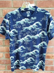 Uniqlo Hokusai T-shirt Blue Waves Slub Cotton All Over Print Sz XS Men's , new - Picture 1 of 11