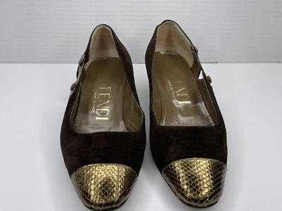 Fendi Brown Suede Kitten Gold Heel Shoes Size 35.5 (US 5.5) Very Nice EXCELLENT - Image 1 of 4