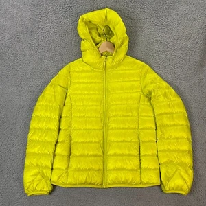 Uniqlo Down Jacket Mens Medium Puffer Hooded Goose Insulated Full Zip Neon - Picture 1 of 10
