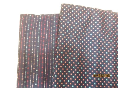 2 Coordinating cuts  Polka Dots & Squiggle Lines Cotton Fabric w/ colors on Blue - Image 1 of 3