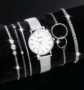 SOKI Women's Silver Stainless Steel Mesh Band Quartz Watch With 5pc Bracelets - Picture 1 of 13