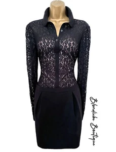 Karen Millen Size UK 14 STUNNING BLACK LACE COLLARED SHIRT COCKTAIL DRESS - Picture 1 of 5