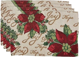 Set of 4 Tapestry Placemats,13"x19", CHRISTMAS POINSETTIA FLOWERS, HOPE & JOY,VL - Picture 1 of 12
