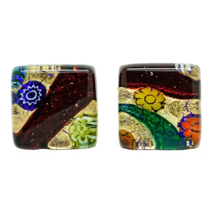 Murano Glass Cufflinks Gold Dark Red Multi Millefiori Pair Square - Picture 1 of 6