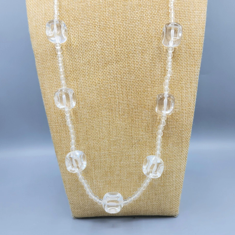 Vintage Clear Lucite Ice Cube Square Dimpled Round Bead Necklace 34" - Image 1 of 4