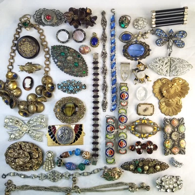 Lot ART DECO Wear Repair Czech Glass Necklace Sterling Rhinestone Micro Mosaic - Image 1 of 4