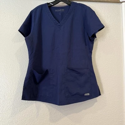 Grey's Anatomy by Barco Scrub Top Womens Medium Navy Blue V-Neck Pockets Medical - Image 1 of 4