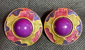 Vintage Clip On Earrings Lucite Purple Gold Tone Metal Enamel Round Statement - Picture 1 of 20