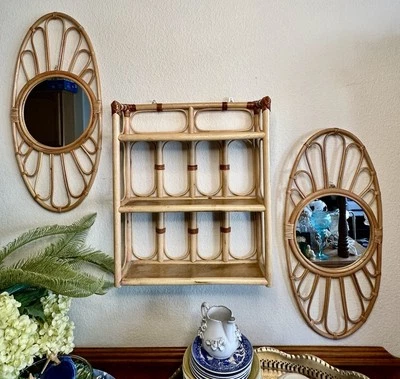 Vintage Rattan Handwoven Oval Accent Wall Mirrors & 3 Tiered Shelf Set - Image 1 of 4