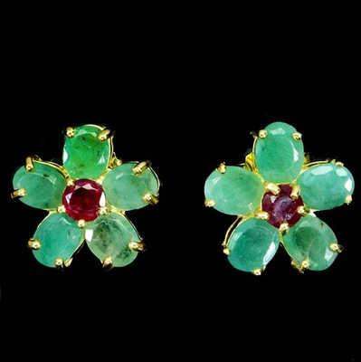 925 Sterling Silver Earrings Oval Emerald 5x4mm Ruby Gemstone Flower Jewelry - Image 1 of 4