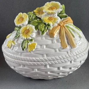 Vintage Lefton Easter Egg Basket Weave Flowers Candy Dish Japan Porcelain 6" - Picture 1 of 7