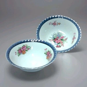 Pair of Yamatsu Japan Lusterware Soup Bowls 7" Vtg Blue Floral Cereal Dishes - Picture 1 of 12