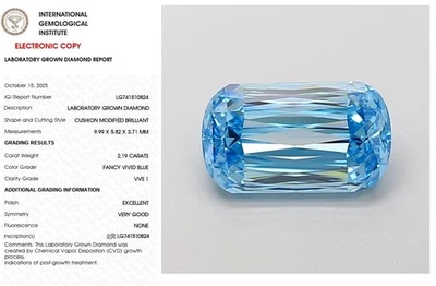 2.19 Cushion Modified Lab Grown Diamond For Ring IGI Fancy Vivid  Blue VVS1 - Image 1 of 4