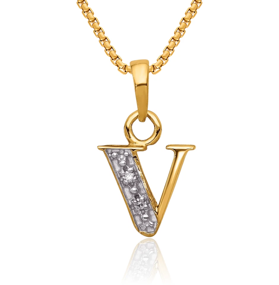 Collar inicial de diamantes con letra V de oro amarillo macizo de 10K Foto 1 de 1