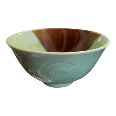 Gorgeous Green & Brown Celadon Bowl Beautiful Glaze Asian Aesthetic - Image 1 of 4