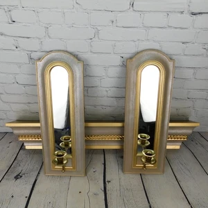 SET OF 3 - VTG Home Interiors 2 Mirrored Wall Candle Sconces 20" AND Shelf 32" - Picture 1 of 21