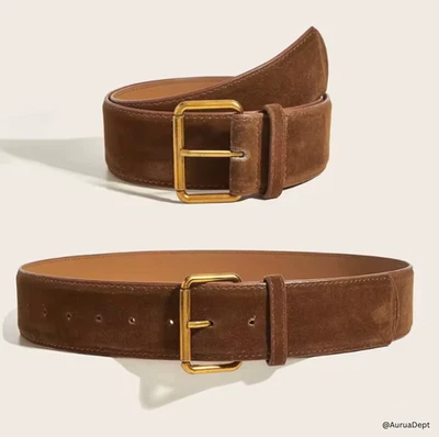 Brown Suede Belt Vintage Gold Buckle Western Wide Waist Retro Accessory - Image 1 of 4