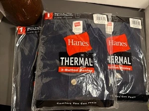NWT Set Of 3 Hanes Mens Medium 3Button Henley Thermal Shirt Long Sleeve Navy - Picture 1 of 5