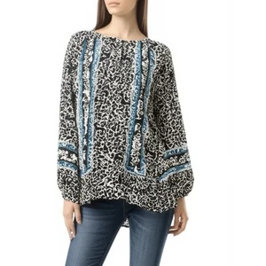 Camicetta boho Chelsea & Theodore donna taglia 1x nera bianca blu stampa volpe cervo - Foto 1 di 12