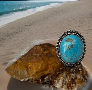 Size 7.5 Turquoise Handcrafted Gemstone Ring- 925 silver Plated-New - Foto 1 di 5