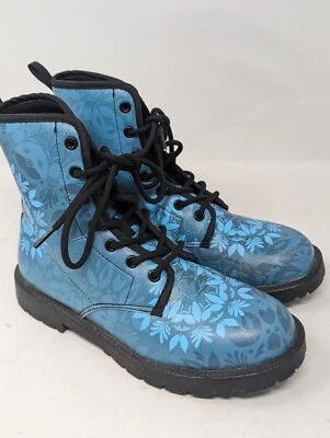 Botas de combate Mandala azules florales para mujer de cuero aptas para veganos con cordones talla 6 Foto 1 de 4